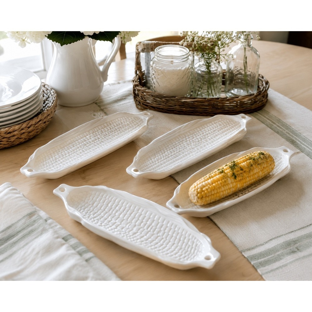 Vintage Pier 1 Japan White Ceramic Corn Dishes Set of 4 Corn Cob Serving Trays